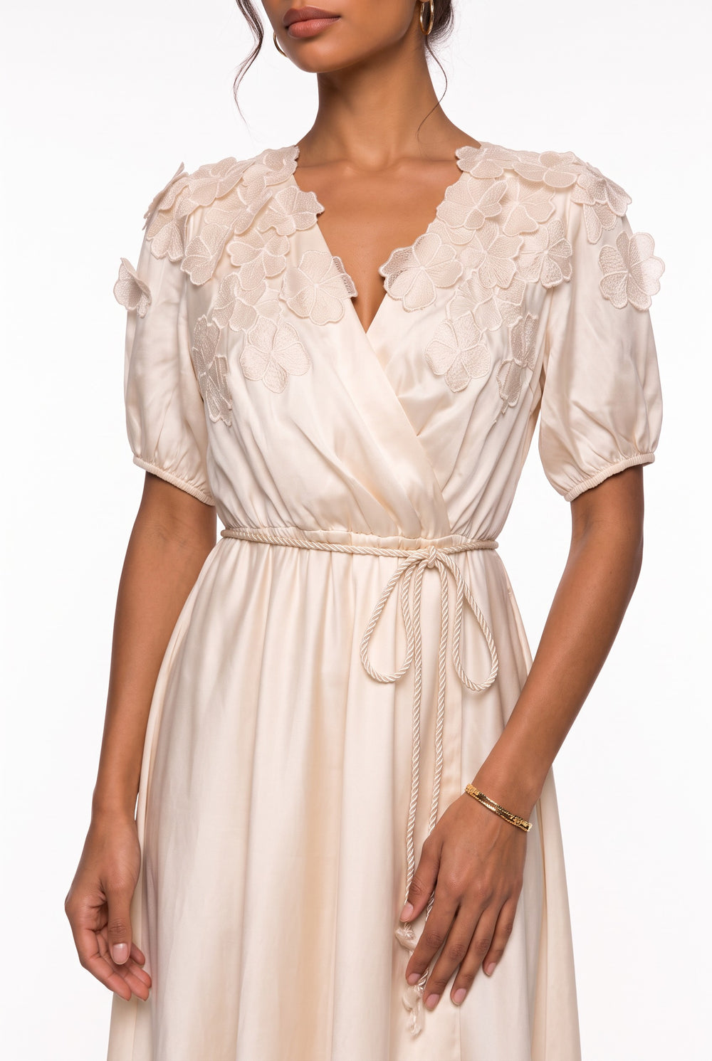Beige Midi Dress with Crossover Neckline and Floral Applique on Shoulder