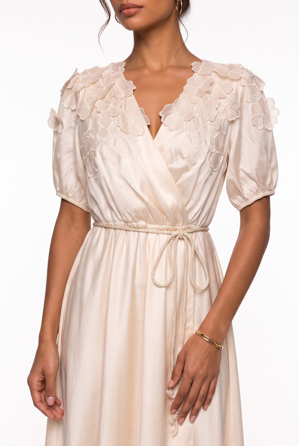 Beige Midi Dress with Crossover Neckline and Floral Applique on Shoulder
