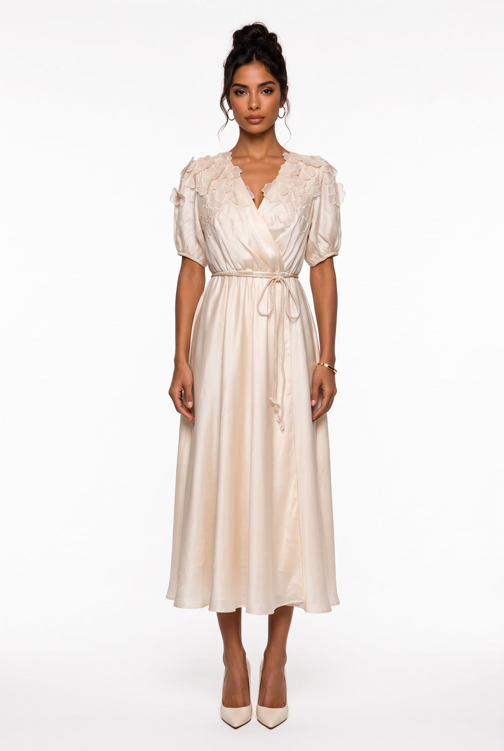 Beige Midi Dress with Crossover Neckline and Floral Applique on Shoulder