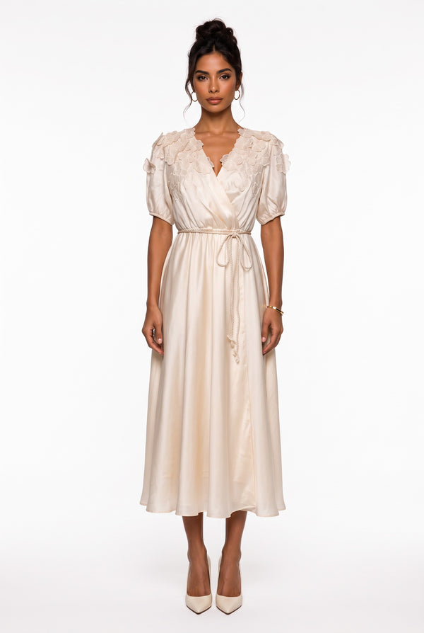 Beige Midi Dress with Crossover Neckline and Floral Applique on Shoulder