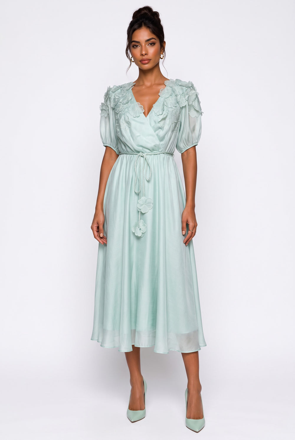 Crossover Neck Shoulder Floral Applique Midi Dress Mint