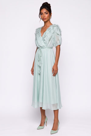 Crossover Neck Shoulder Floral Applique Midi Dress Mint