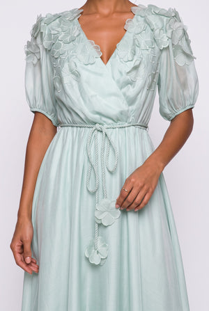 Crossover Neck Shoulder Floral Applique Midi Dress Mint