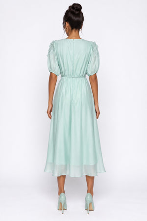 Crossover Neck Shoulder Floral Applique Midi Dress Mint