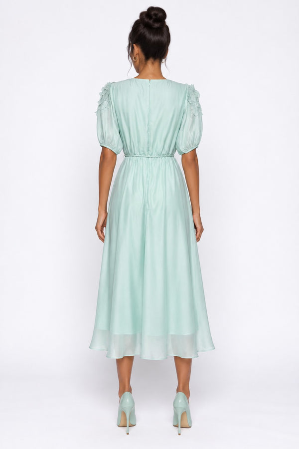Crossover Neck Shoulder Floral Applique Midi Dress Mint