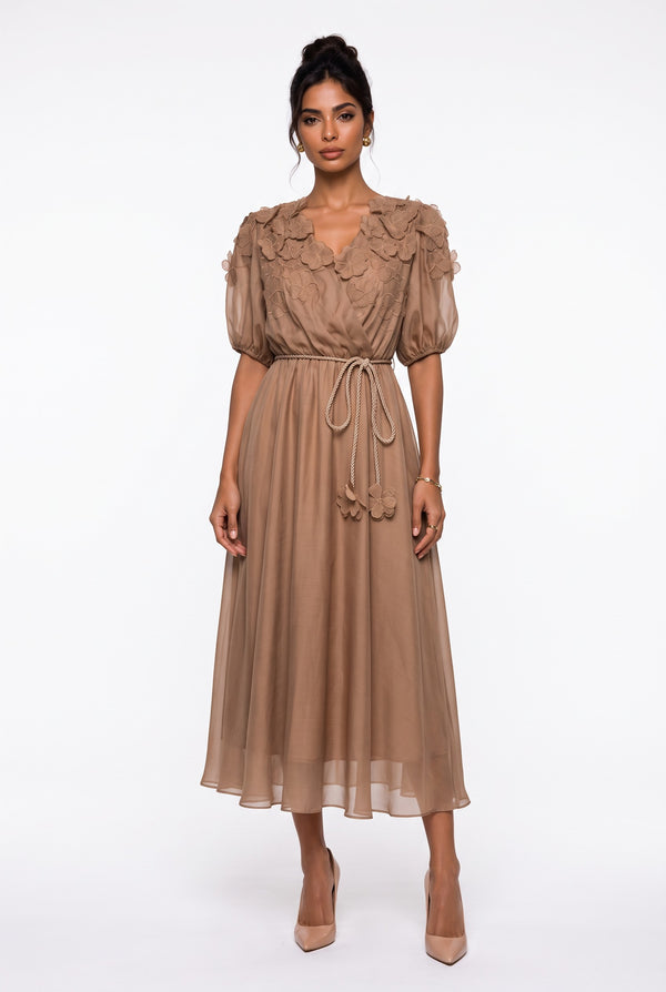 Wrap-Neck Shoulder Floral Appliqué Midi Dress Mocha
