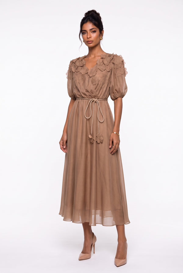 Wrap-Neck Shoulder Floral Appliqué Midi Dress Mocha