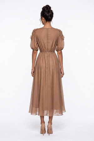 Wrap-Neck Shoulder Floral Appliqué Midi Dress Mocha