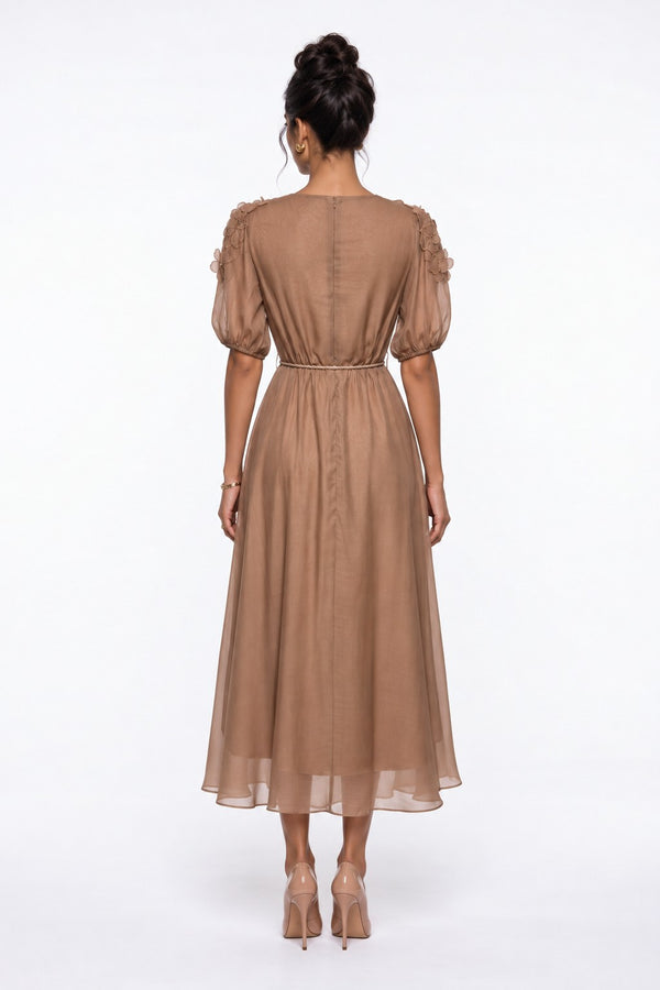 Wrap-Neck Shoulder Floral Appliqué Midi Dress Mocha