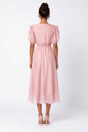 Pudra Midi Dress with Wrap Collar and Shoulder Floral Applique