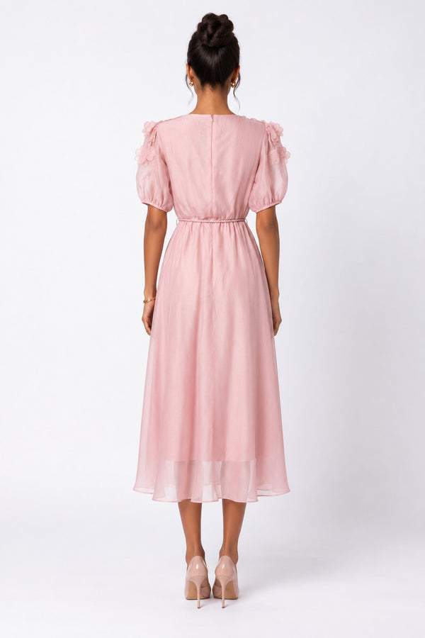 Pudra Midi Dress with Wrap Collar and Shoulder Floral Applique