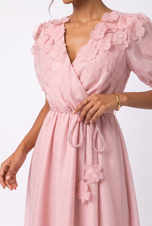Pudra Midi Dress with Wrap Collar and Shoulder Floral Applique