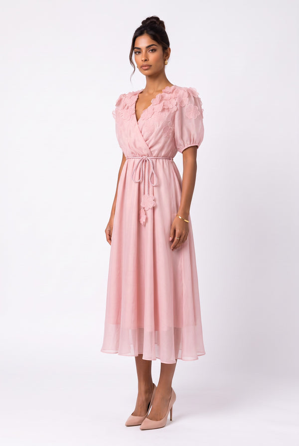 Pudra Midi Dress with Wrap Collar and Shoulder Floral Applique