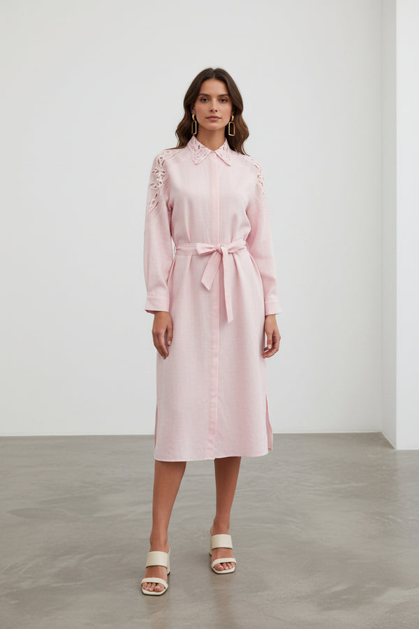Gömlek Yaka Omuz Dantelli Bağlamalı Midi Elbise