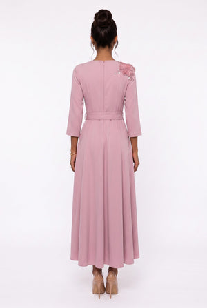 Crew Neck Belted and Floral Embroidered Evening Dress Powder Pink