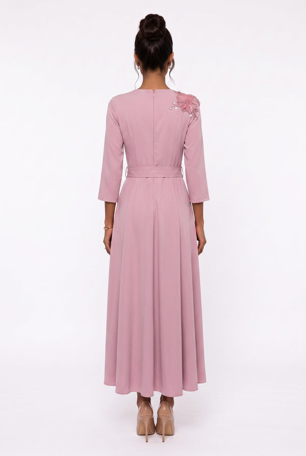 Crew Neck Belted and Floral Embroidered Evening Dress Powder Pink
