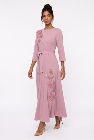 Crew Neck Belted and Floral Embroidered Evening Dress Powder Pink