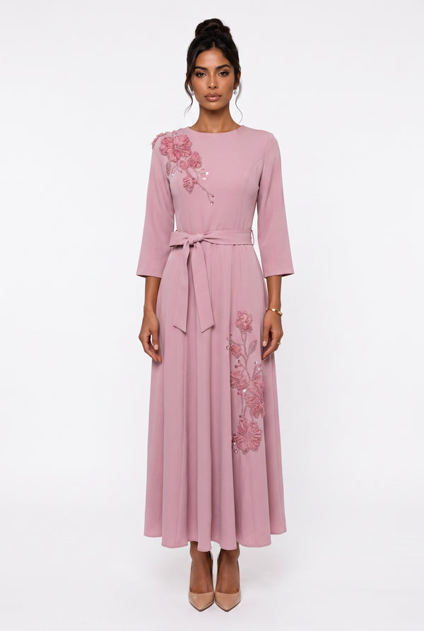 Crew Neck Belted and Floral Embroidered Evening Dress Powder Pink
