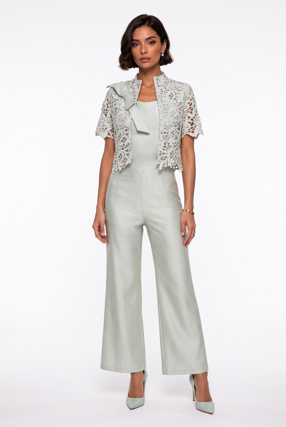 Mint Jumpsuit with Lace Jacket and Bow Detail
