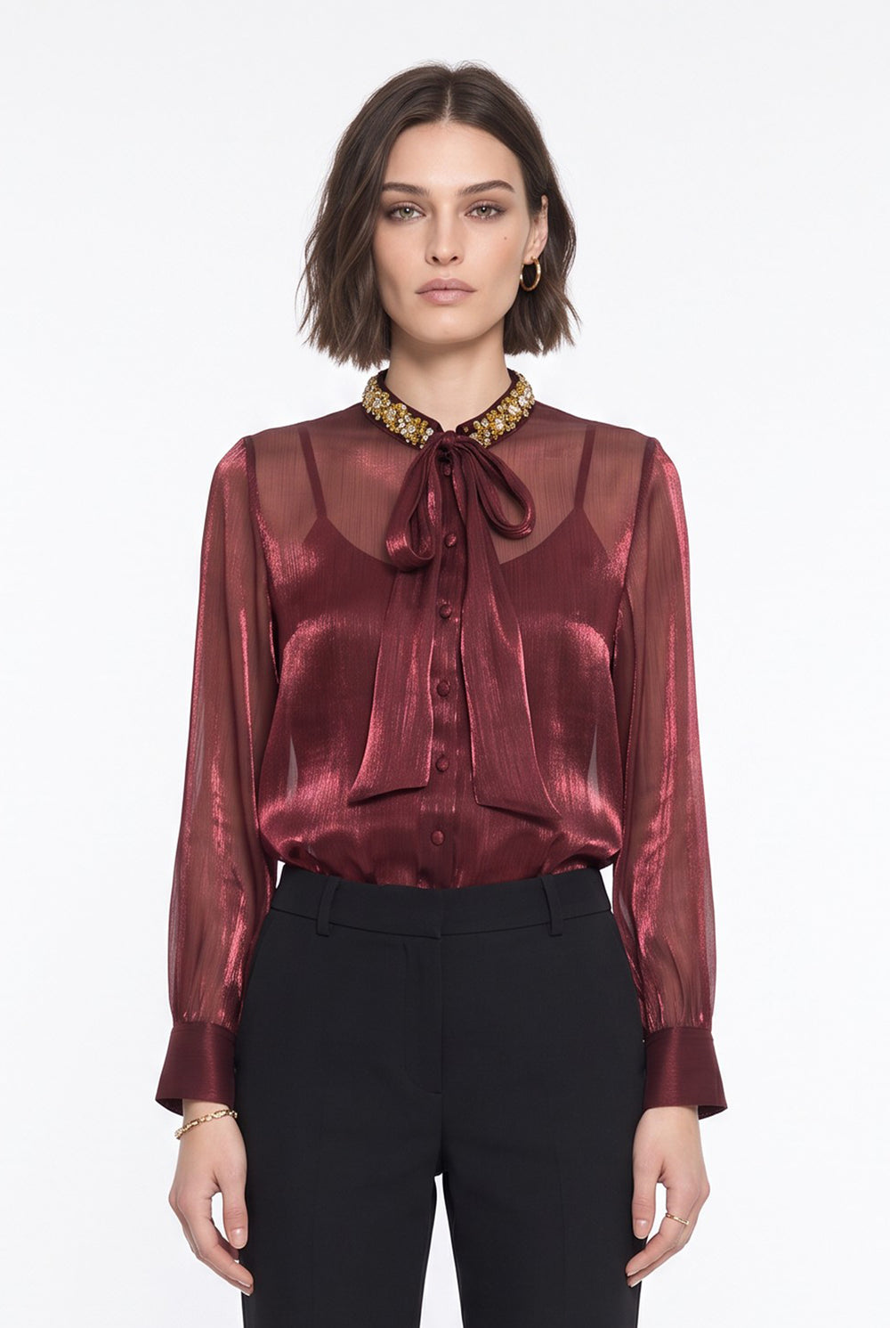Bow Collar Shirt with Stone Accessories Claret Red