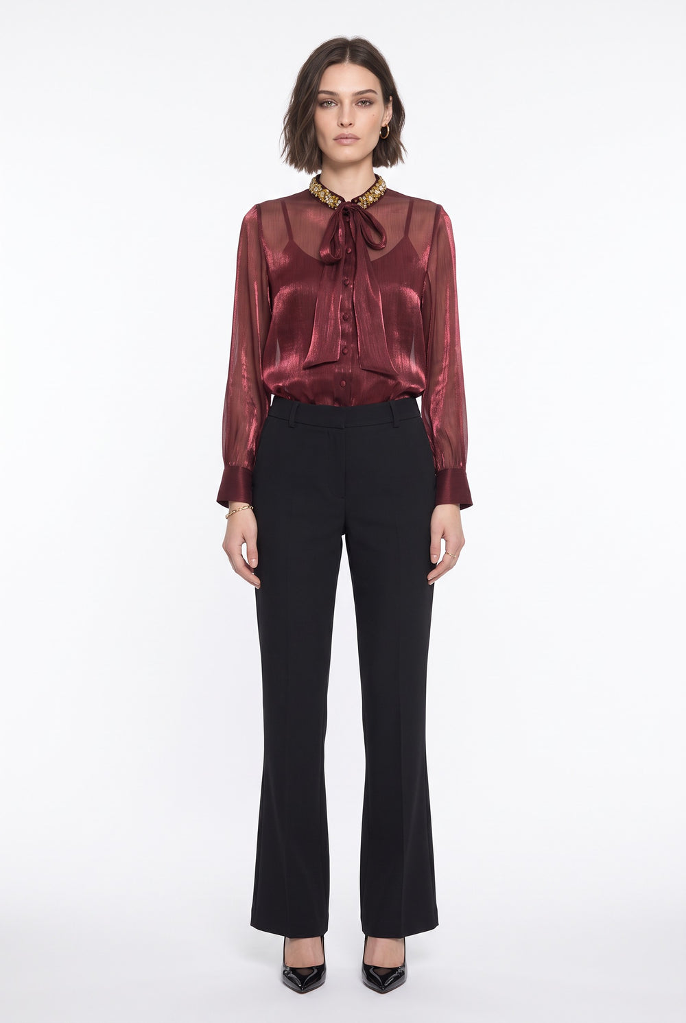 Bow Collar Shirt with Stone Accessories Claret Red