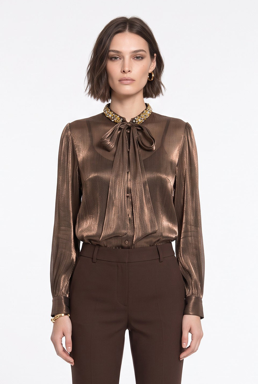 Coffee Bow Collar Shirt with Stone Accessories