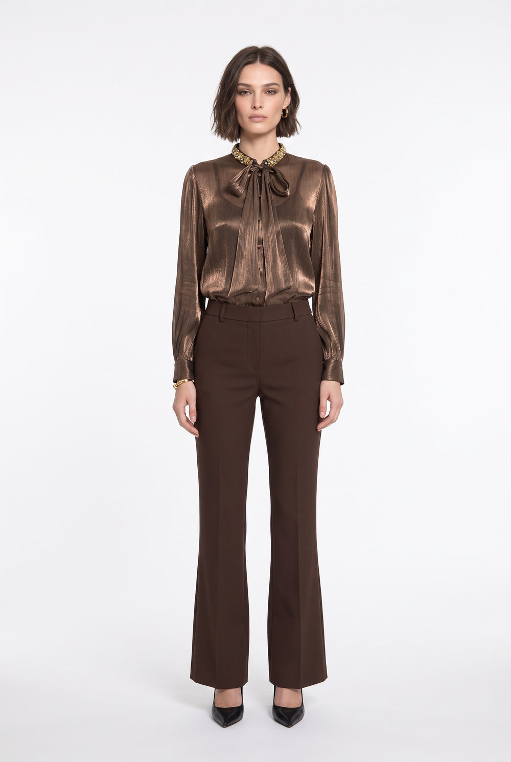 Coffee Bow Collar Shirt with Stone Accessories