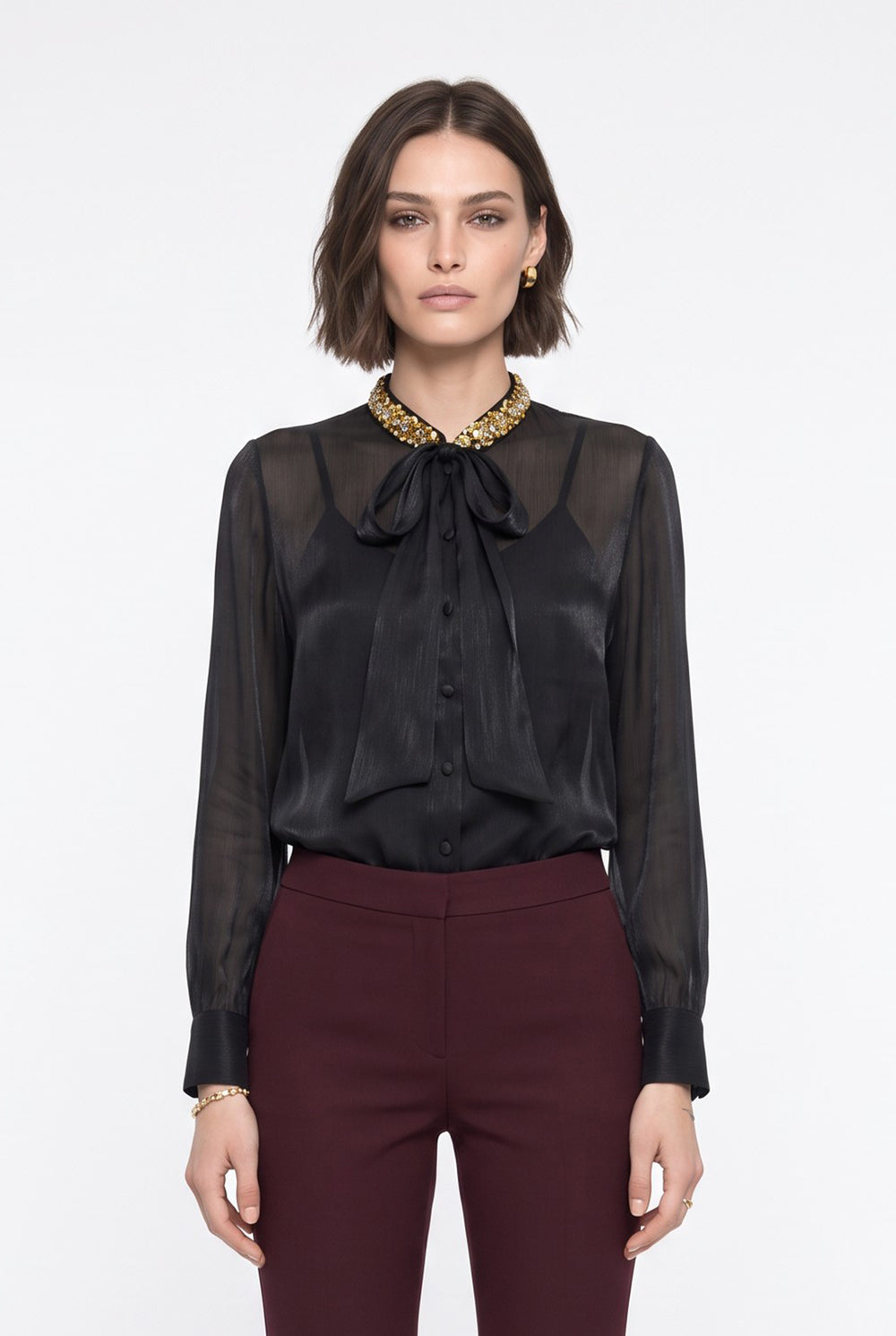 Bow Tie Collar Shirt with Stone Accessories Black