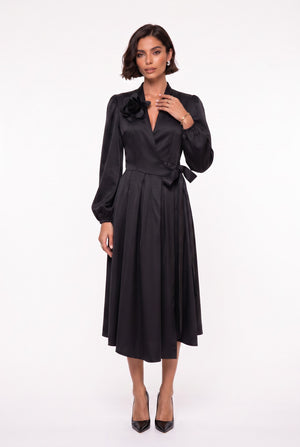 Black Double-Breasted Collar Satin Midi Dress with Floral Brooch and Belt