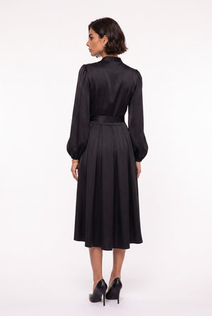Black Double-Breasted Collar Satin Midi Dress with Floral Brooch and Belt