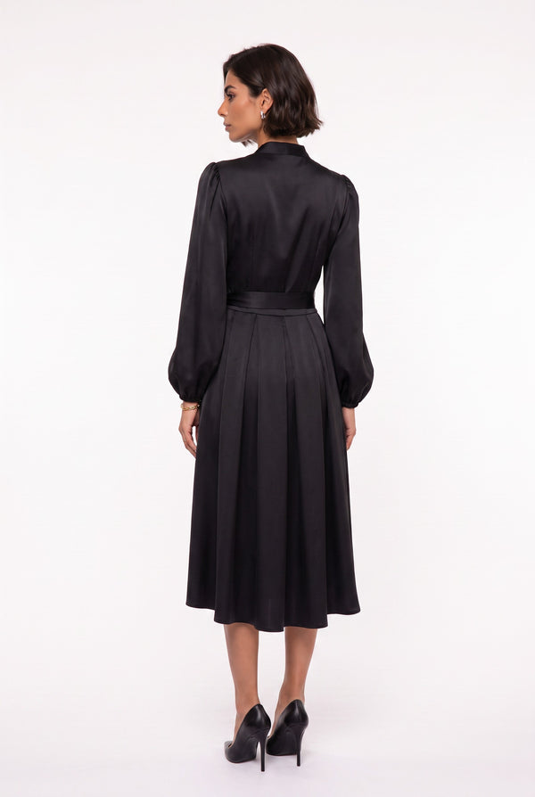Black Double-Breasted Collar Satin Midi Dress with Floral Brooch and Belt