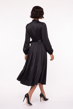 Black Double-Breasted Collar Satin Midi Dress with Floral Brooch and Belt