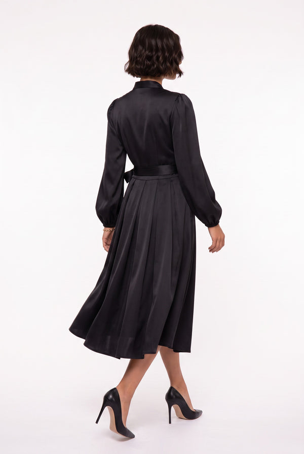 Black Double-Breasted Collar Satin Midi Dress with Floral Brooch and Belt
