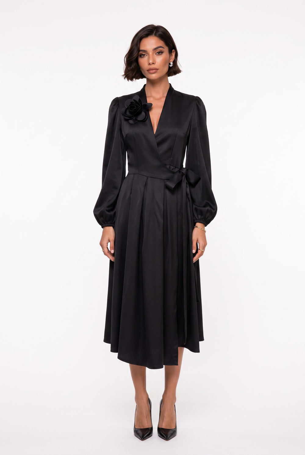 Black Double-Breasted Collar Satin Midi Dress with Floral Brooch and Belt
