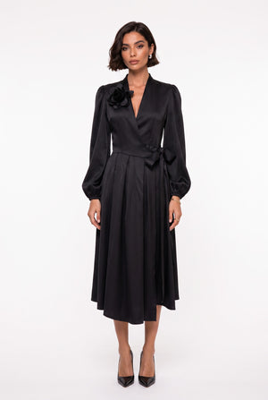 Black Double-Breasted Collar Satin Midi Dress with Floral Brooch and Belt
