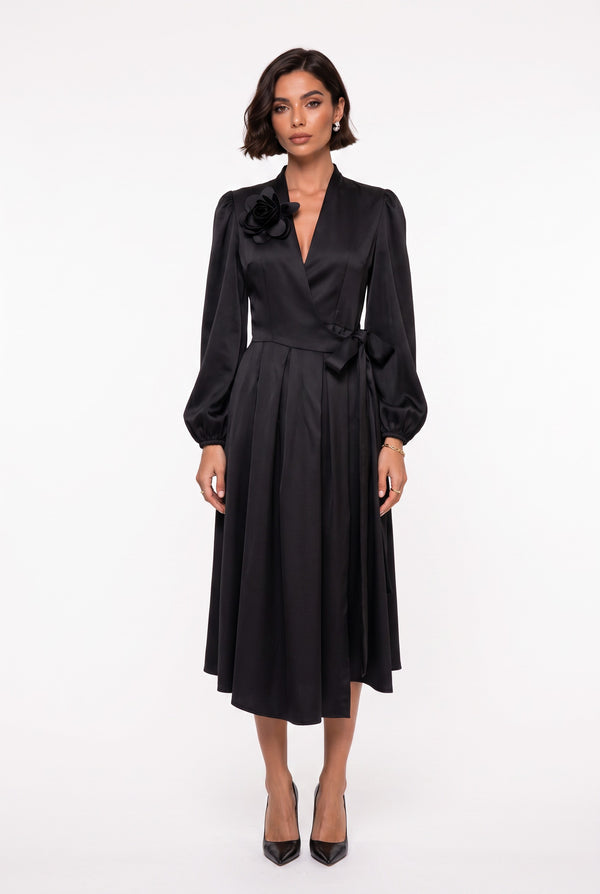 Black Double-Breasted Collar Satin Midi Dress with Floral Brooch and Belt