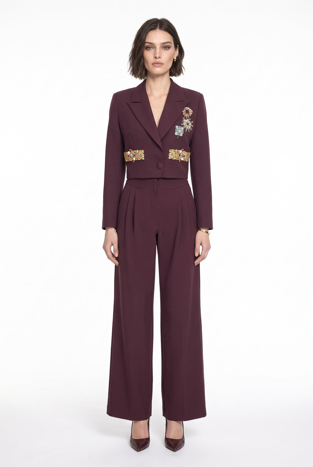 Burgundy Crop Jacket and Trousers Set with Stone-Embroidered Pockets