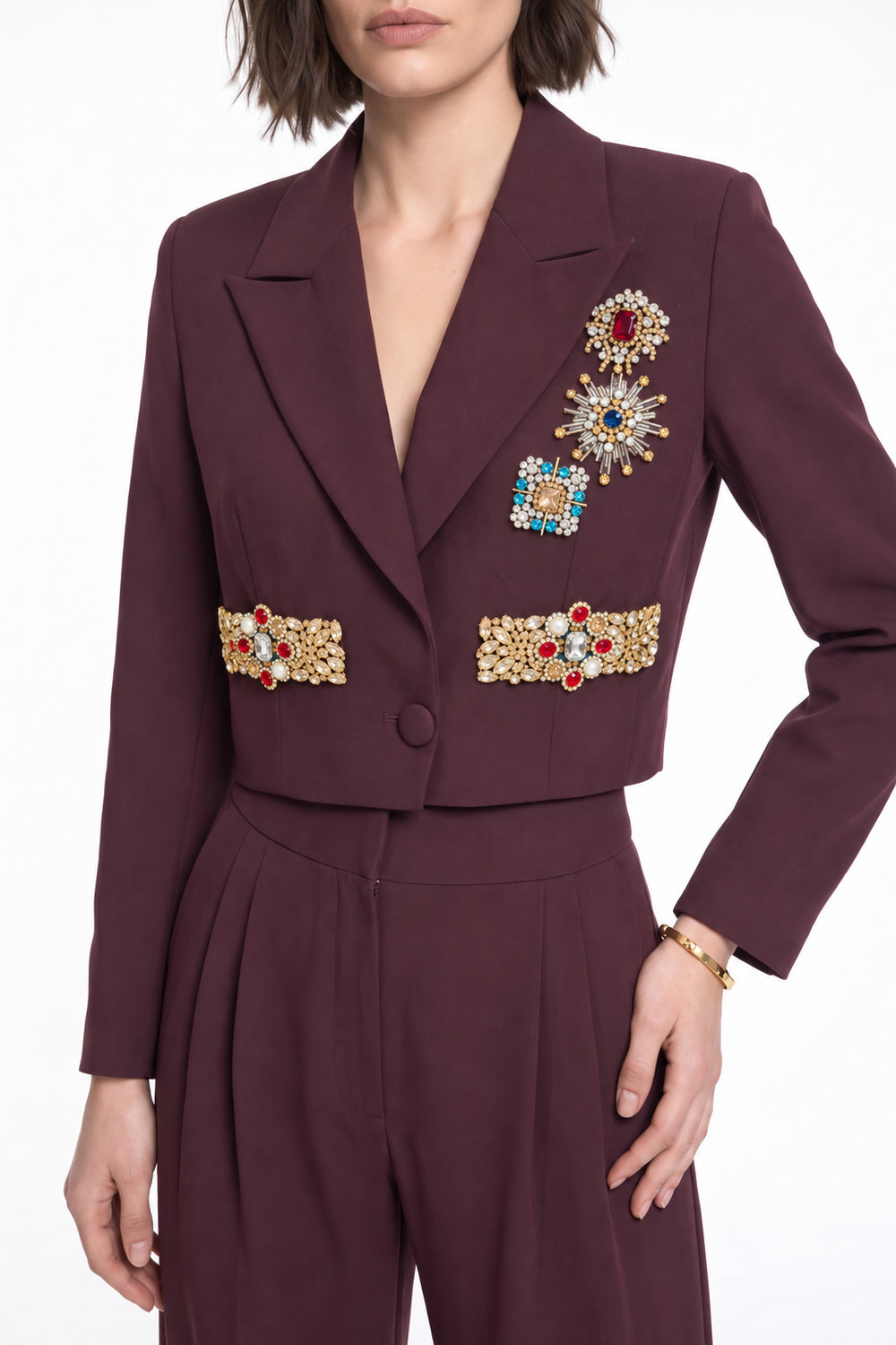 Burgundy Crop Jacket and Trousers Set with Stone-Embroidered Pockets