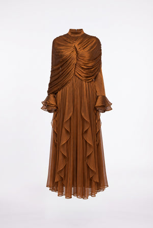 Drape Detaylı Volanlı Uzun Elbise Bronz