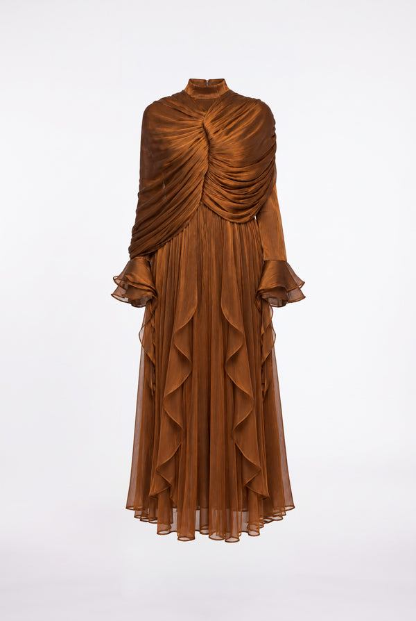 Drape Detaylı Volanlı Uzun Elbise Bronz