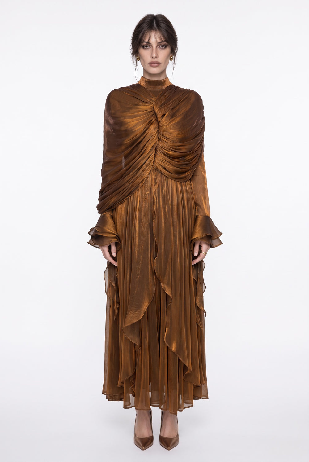Drape Detaylı Volanlı Uzun Elbise Bronz