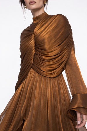 Drape Detaylı Volanlı Uzun Elbise Bronz