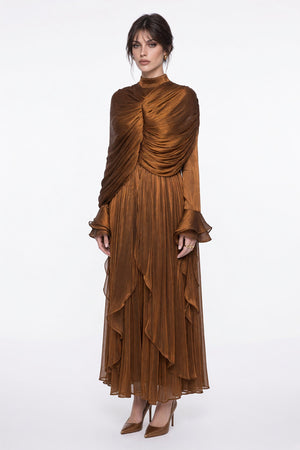Drape Detaylı Volanlı Uzun Elbise Bronz