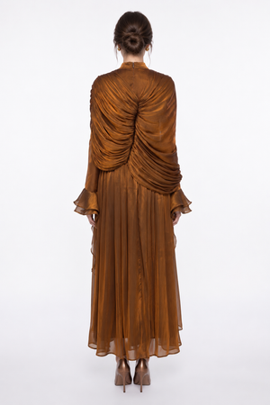 Drape Detaylı Volanlı Uzun Elbise Bronz