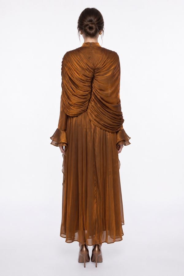 Drape Detaylı Volanlı Uzun Elbise Bronz