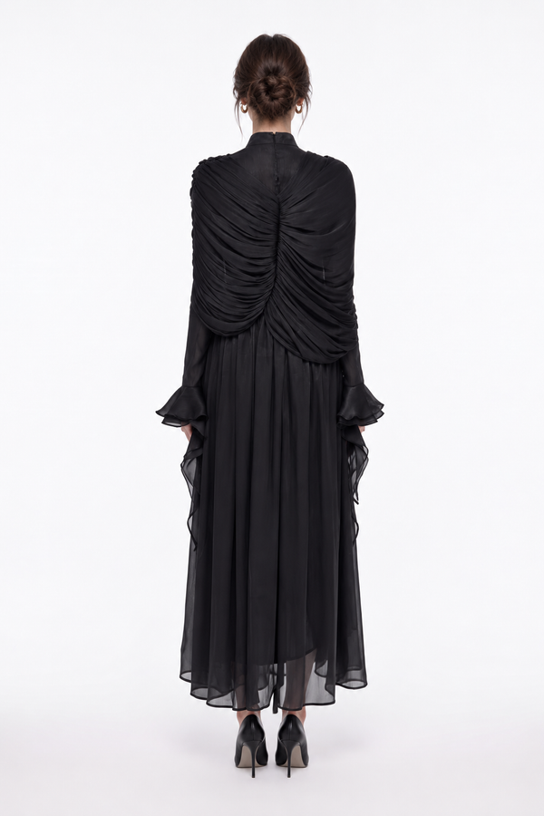 Drape Detaylı Volanlı Uzun Elbise Siyah