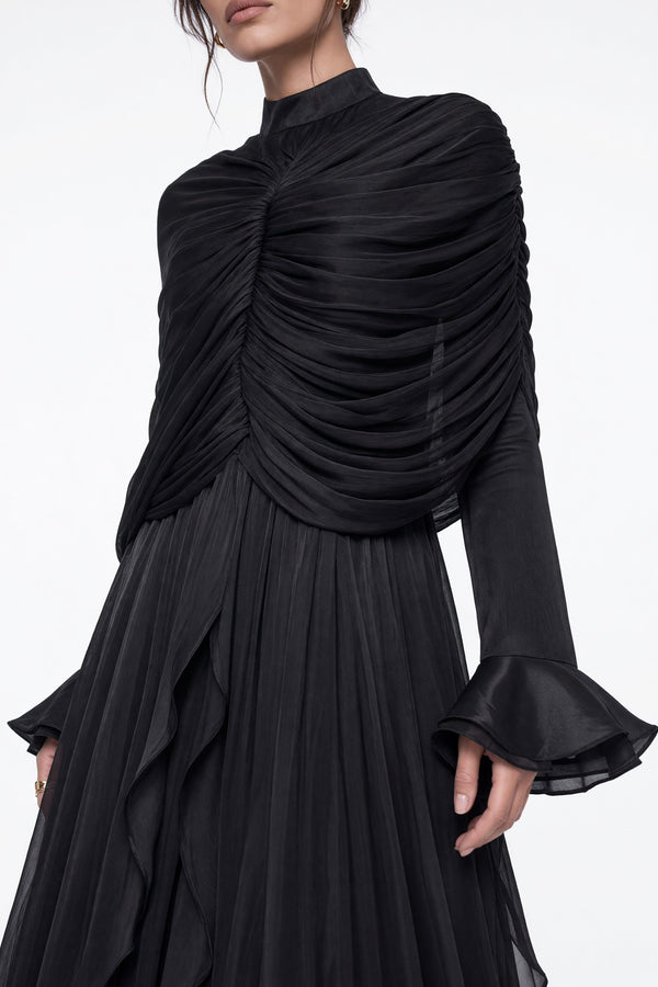 Drape Detaylı Volanlı Uzun Elbise Siyah