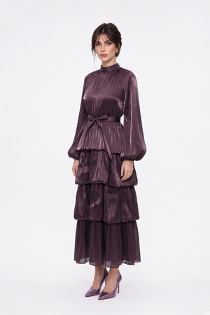 Katlı Etekli Balon Kollu Uzun Elbise Mor