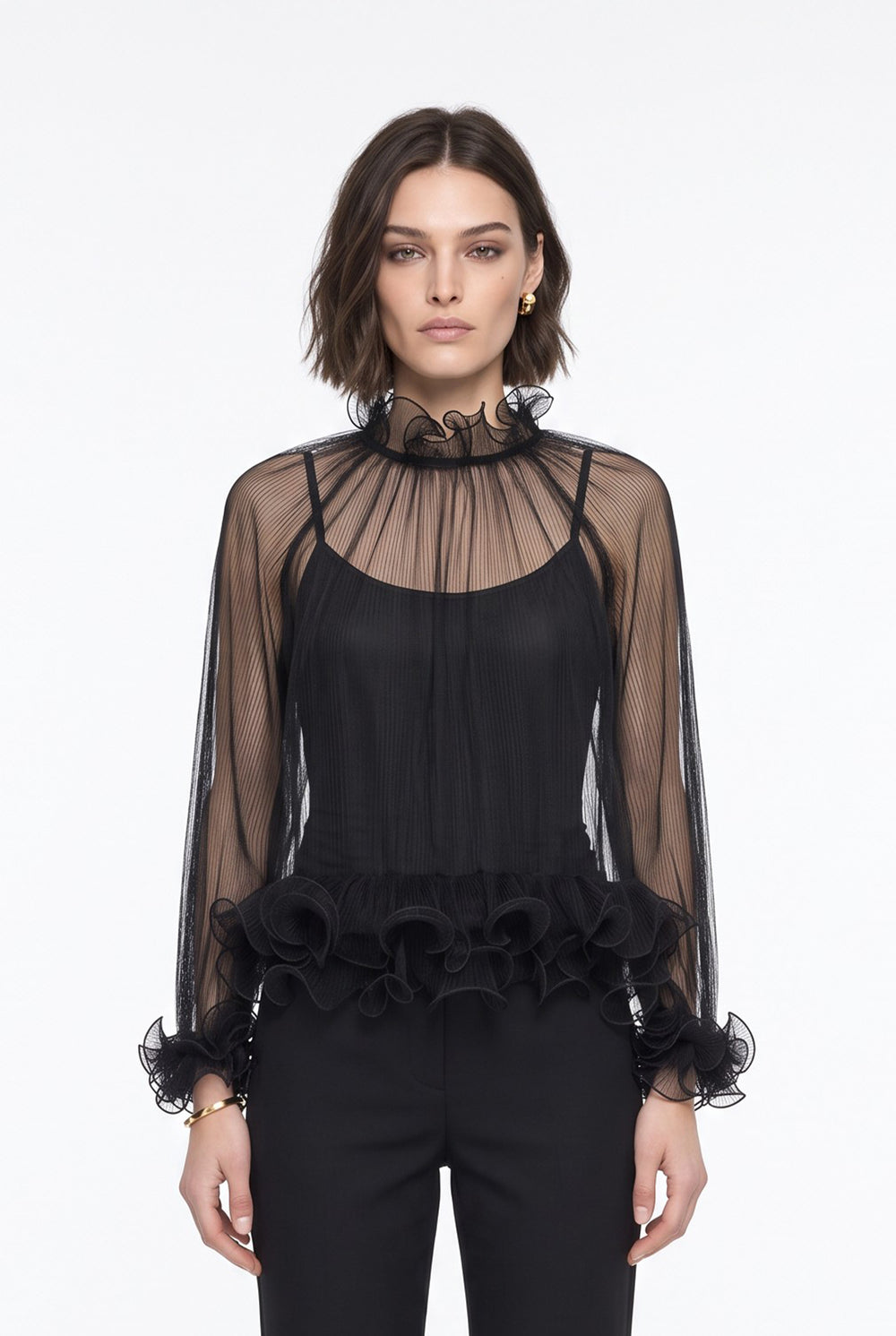 Ruffled Collar Pleated Chiffon Blouse Black