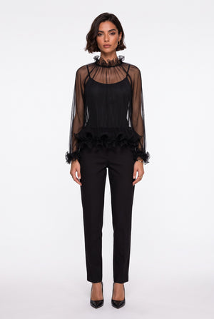 Ruffled Collar Pleated Chiffon Blouse Black